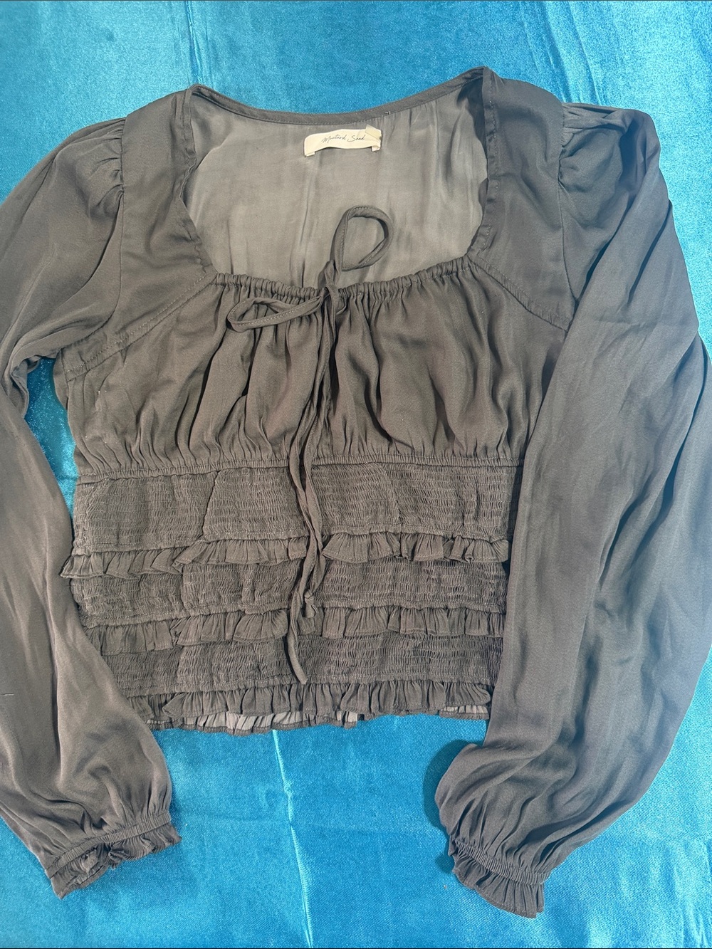 Mustard Seed Black Sheer Ruffle-Smock Long Sleeve Blouse